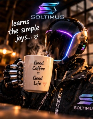 Soltimus holding a steaming mug of coffee