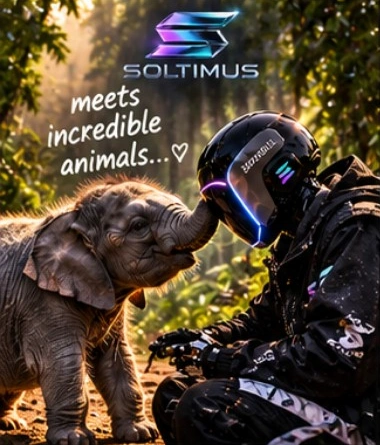 A baby elephant touching Soltimus’s helmet