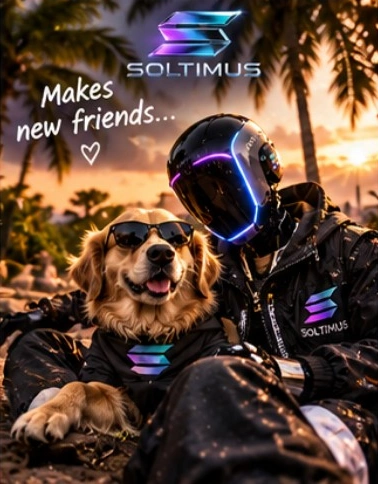 Soltimus sitting with a golden retriever wearing sunglasses