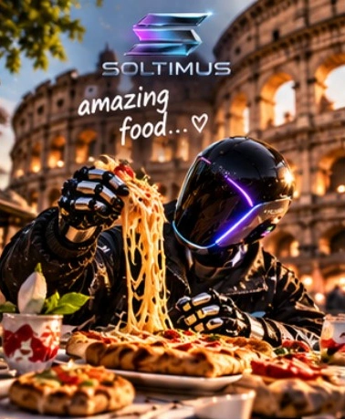 Soltimus enjoying pasta and pizza beside the Colosseum