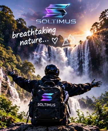 Soltimus with outstretched arms facing a waterfall