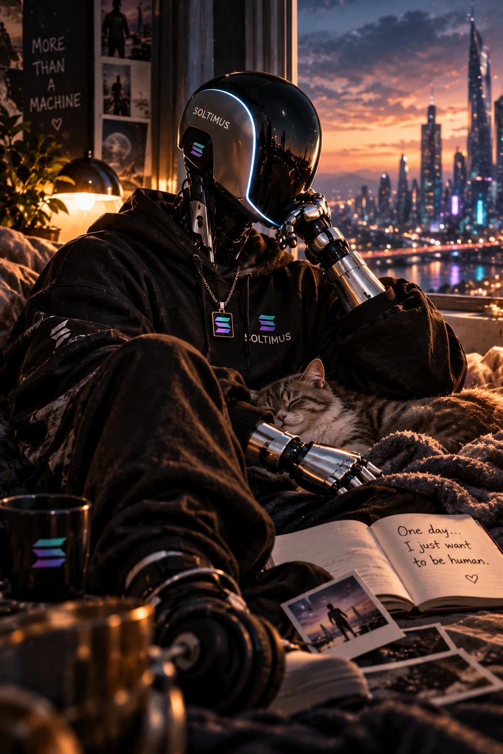Soltimus, a reflective robot in a black hoodie, cuddling a sleeping cat beside a futuristic sunset